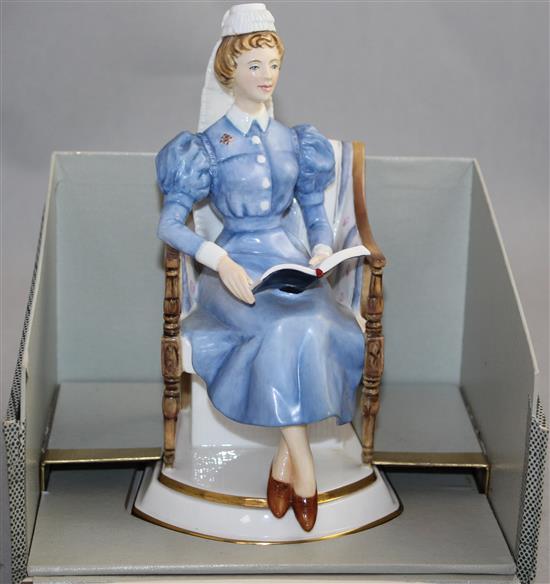 Three Royal Worcester porcelain figures of nurses, 17cm - 22cm, all boxed with certificates